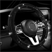 New Diamond Leather Steering Wheel Cover with Bling Bling Crystal Rhinestones, Universal Fit 15 Inch Car Wheel Protector for Women Girls,Black Diamond